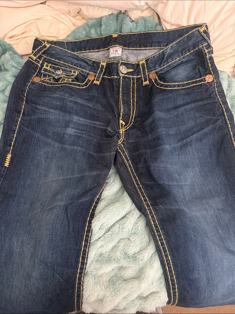 True Religion Dark Blue Jeans with Yellow Contrast Stitching